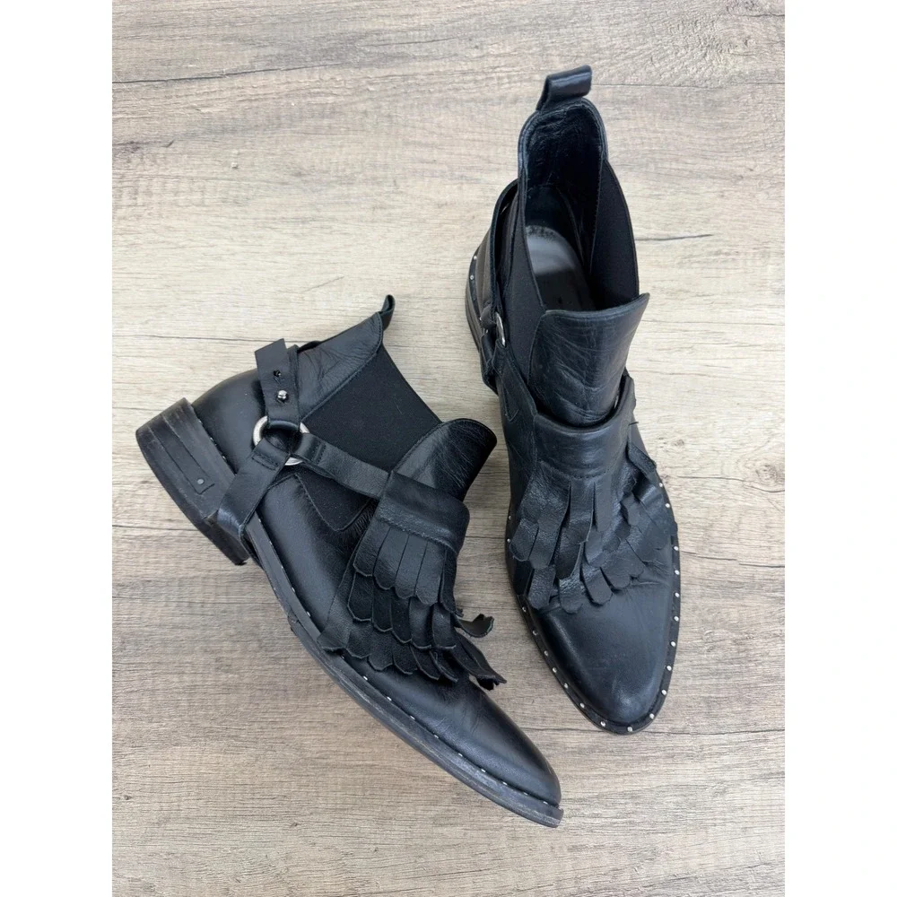Freda Salvador Black Leather Kiltie Fringe Harness Ankle Boots Studded Size 8